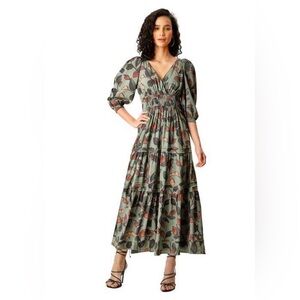 eShakti Green and Leaf Print Midi Dress